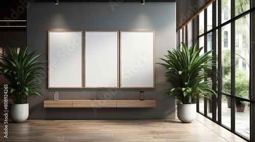 Stylish and realistic office corridor mockup, highlighting blank framed posters on walls with wooden accents, perfect for demonstrating potential artwork or advertising © PARALOGIA
