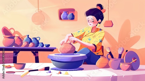 Serene Pottery Making with Woman Crafting © Maquette Pro