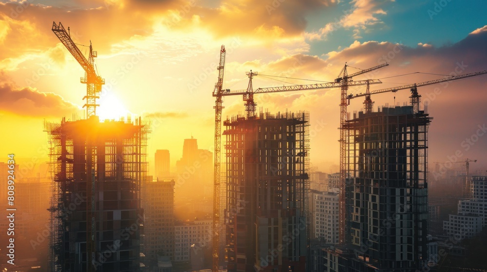 Construction of new residential high-rise buildings. Against the background of a yellow sunset sky