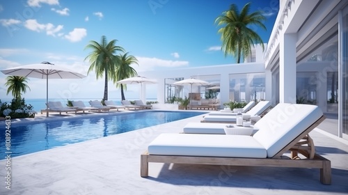 Sea view.Luxury modern white beach hotel with swimming pool. Sunbed on sundeck for vacation home or hotel.