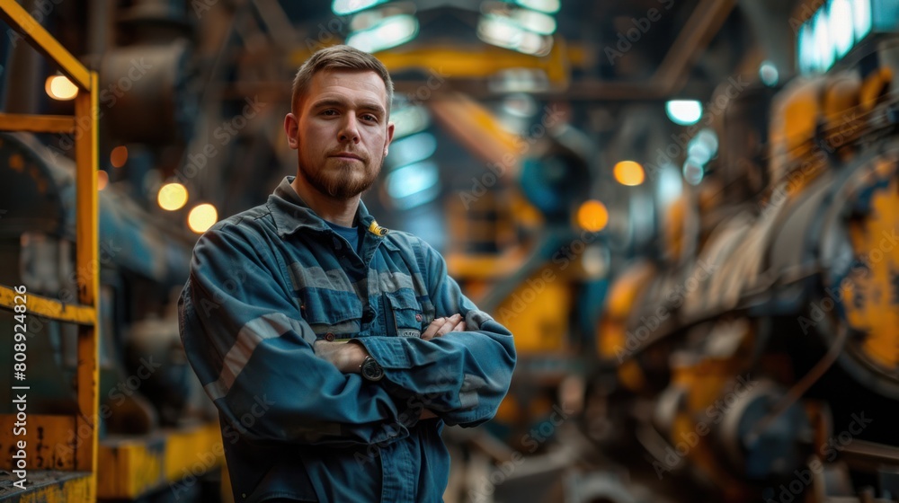 Portrait of a confident young man working in railway workshop. Male engineer in uniform standing with his arms crossed in railway maintenance workshop.
