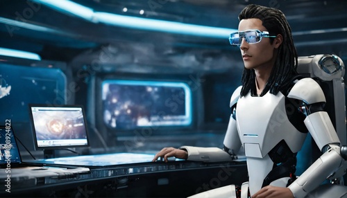 Futuristic space news anchor who is half-robot and half-human, with a face that closely resembles that of a typical human, wearing glasses