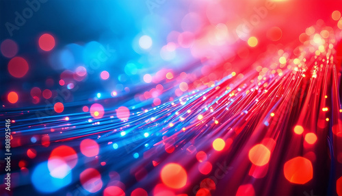 Close up of fiber optic light background with bokeh effect, in the red and blue colors