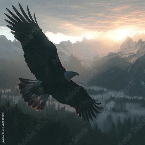 4K wallpaper of a majestic bald eagle in flight over a forested valley, its wings fully extended and catching the first light of dawn