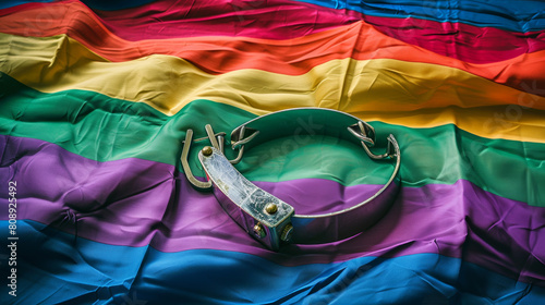 handcuff and flag of LGBT community. problem of the rights of sexual minorities in the country. Concept law banning LGBT propaganda. non-traditional relations and politics concept illegal. Stock Photo