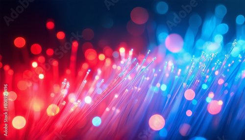 Close up of fiber optic light background with bokeh effect, in the red and blue colors