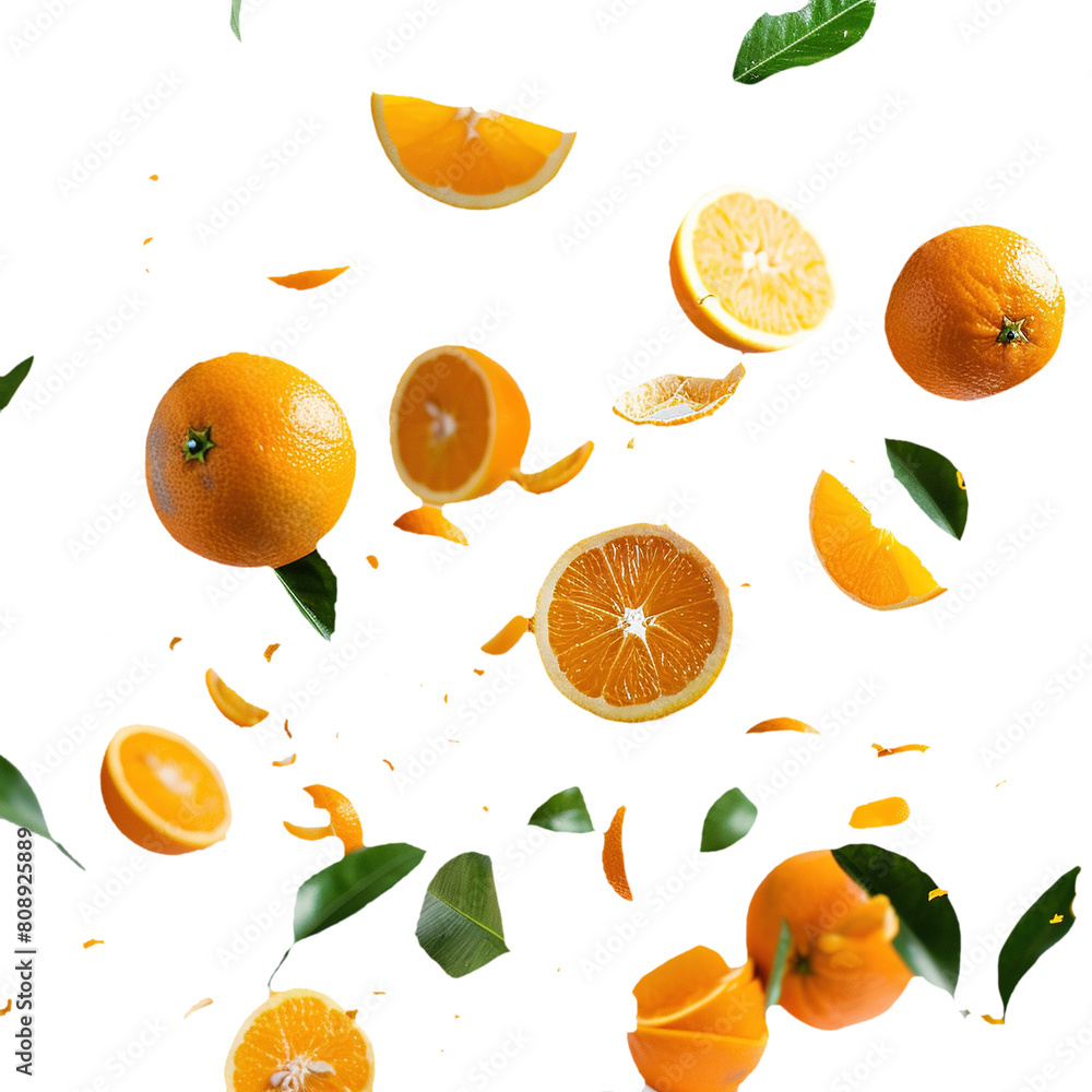 Falling Oranges Isolated On Transparent Background. Fresh fruit for advertising background.
