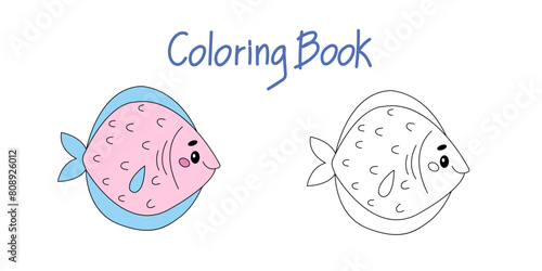 Vector illustration with a cute funny cartoon fish in a coloring book. Cartoon animals from marine life. The template of the coloring page. Color and black-and-white versions