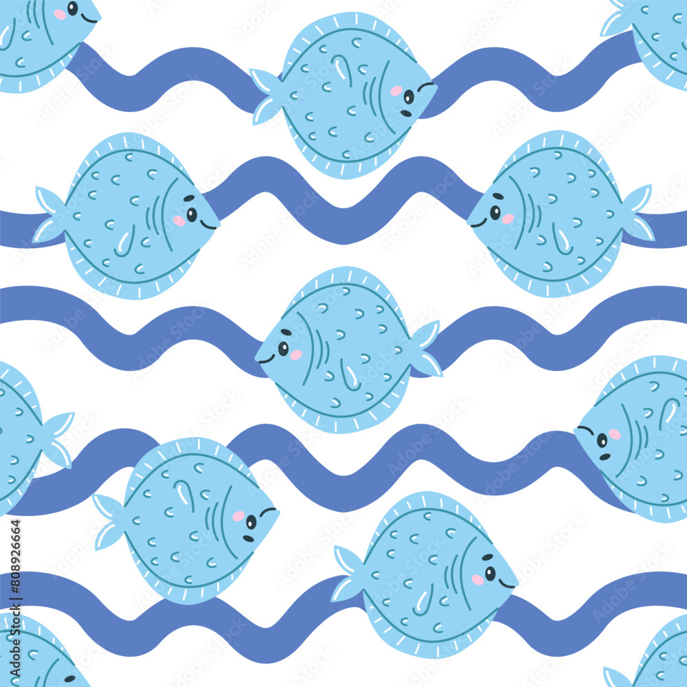 Fototapeta premium Children's vector seamless pattern with cute sea fish on the background of abstract blue waves. Ideal for baby bedding, wallpaper, wrapping paper, fabric, textiles, T-shirt prints