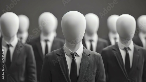 3D model representing a sterile corporate culture, with employees wearing identical suits and ties, devoid of personality or individual expression