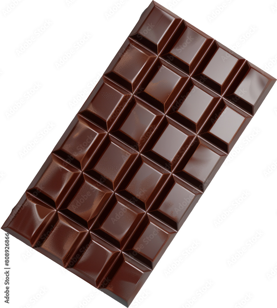Dark chocolate bar with square pattern cut out on transparent background