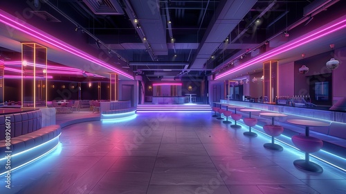 Lounge area with futuristic nightclub lighting. a number of table booths set up with ground lighting in the center of the room. Hightop chairs are all over the place. Generative AI.