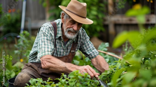 Older gentleman gardening yard, old man wearing straw hat is kneeling in garden tending to plants while wearing green apron plaid shirt, growth life cycle season time