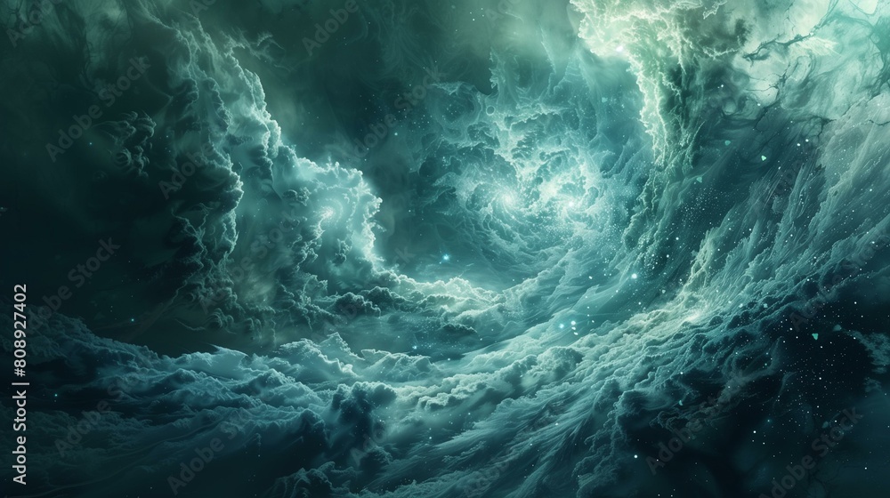 abstract depiction of nebula, swirling clouds of gas dust in shades of blue green, illuminated bright stars, visual art contemporary art modern art abstract art informal art abstract depiction of nebula, swirling clouds of gas dust in shades of blue green, illuminated bright stars, visual art contemporary art modern art abstract art informal art