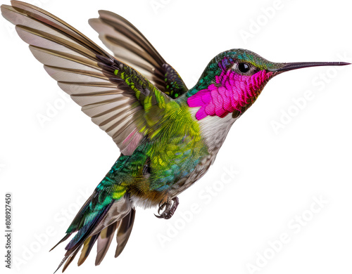 Colorful hummingbird with iridescent plumage cut out on transparent background