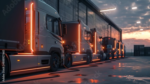 Fleet of autonomous trucks parked at a warehouse during sunset. Modern logistics concept depicting future transportation. AI