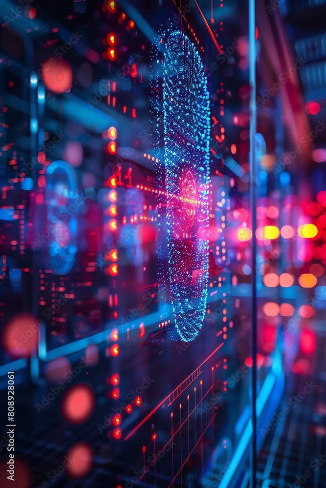 A scene inside a virtual vault where digital biometrics control access to sensitive information A scene inside a virtual vault where digital biometrics control access to sensitive information