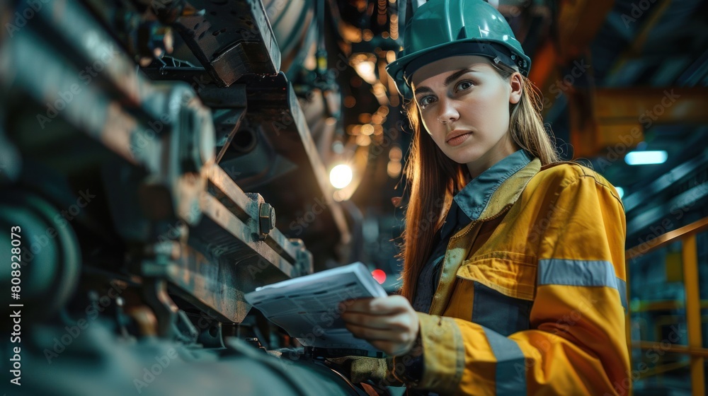 Young woman mechanic in inspection pit looking at the checklist while examine train components beneath the carriage. Young woman mechanic in inspection pit looking at the checklist while examine train components beneath the carriage.