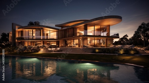modern luxury house with swimming pool lit up at night.AI generated image