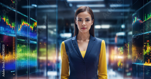 A vibrant image depicts a businesswomen with full body, defocus,  standing behind a fully transparent computer screen and looking directly to the camera, rich with diverse business data
