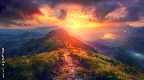 a vibrant sunrise over a mountainous landscape, with a radiant path leading upward, symbolizing the path to success © mr Wajed