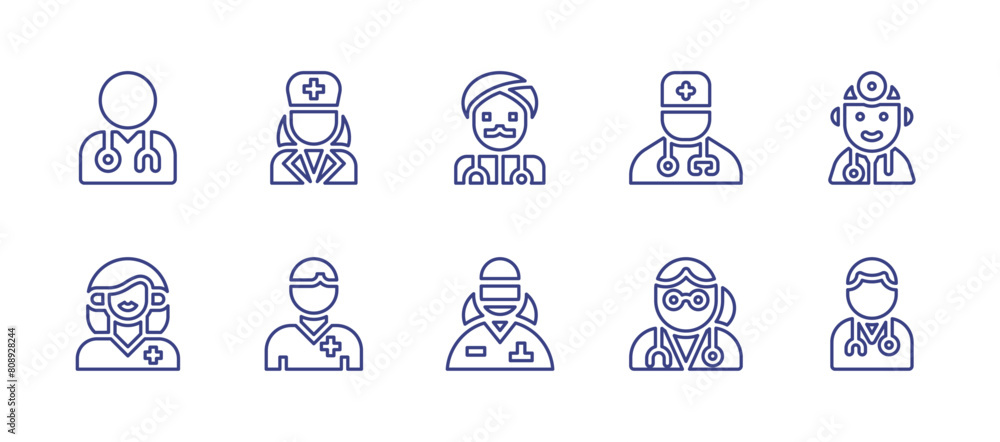 Doctor line icon set. Editable stroke. Vector illustration. Containing doctor, medicalteam, dentist, medicalmask, woman.