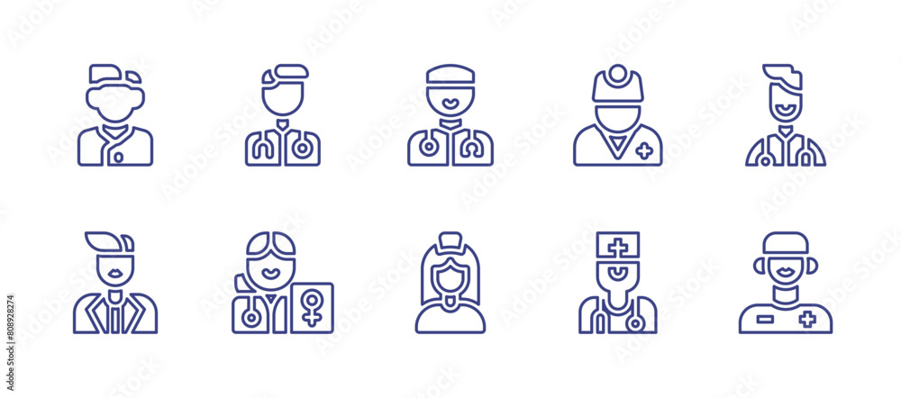 Doctor line icon set. Editable stroke. Vector illustration. Containing doctor, surgeon, nurse, gynecologist, man.