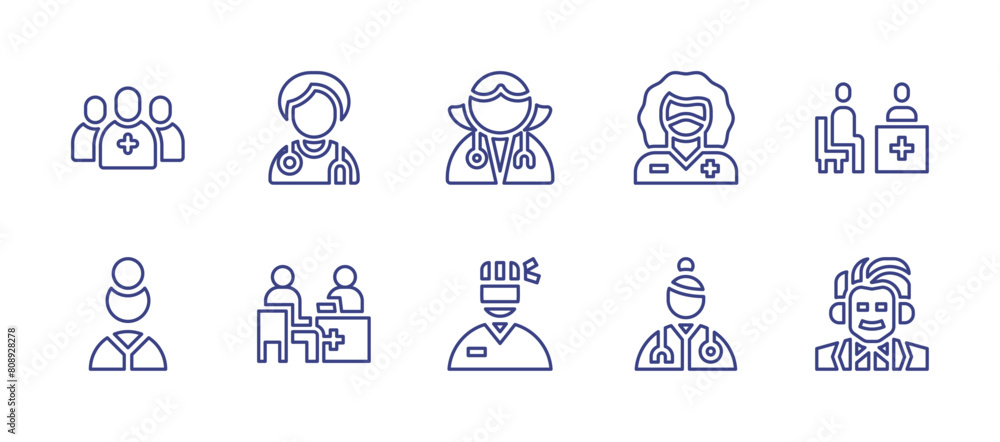 Doctor line icon set. Editable stroke. Vector illustration. Containing doctorconsultation, medicalteam, doctorsoffice, doctor, surgeon, woman.