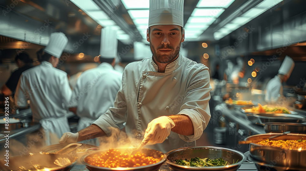 Chef working in large luxurious hotel kitchen. Generative AI. Chef working in large luxurious hotel kitchen. Generative AI.