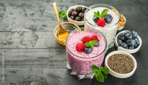 Fruit smoothies, oatmeal with berries, chia pudding, yogurt with granola. Free space around