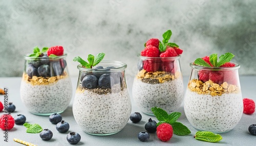 Fruit smoothies, oatmeal with berries, chia pudding, yogurt with granola. Free space around