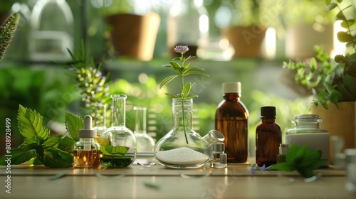 oil bottles and scientific glasses, alternative herbal medicine, natural skin care beauty products.AI generated image
