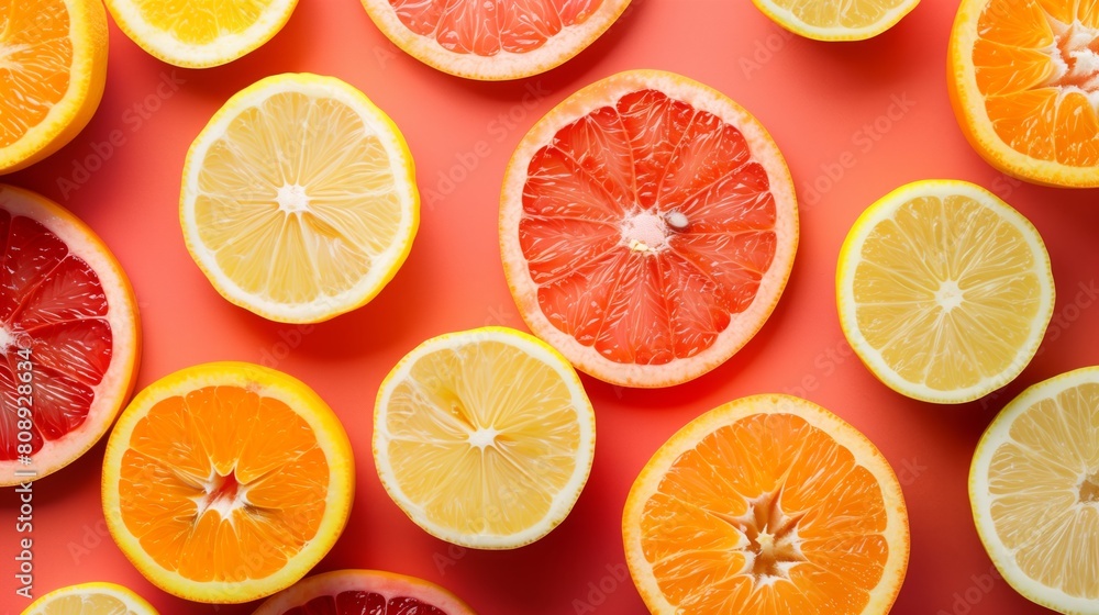 A beautiful assortment of fresh oranges and lemons, each sliced in half to reveal their juicy interiors, arranged in a circle from a top-down perspective A beautiful assortment of fresh oranges and lemons, each sliced in half to reveal their juicy interiors, arranged in a circle from a top-down perspective