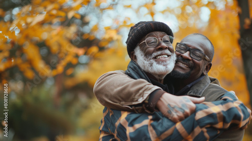 multiethnic senior men embracing while spending time together Stock Photo photography