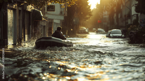 Man on an inflatable boat through down streets with a big flood. Person in inflatable boat navigating flooded street. Climate change and urban flood disaster concept. Design for poster, banner. photo