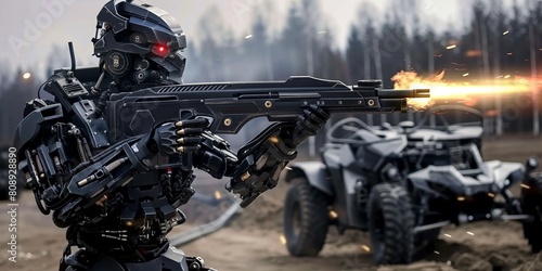 Military combat robot killer with weapons. Future warfare concept
