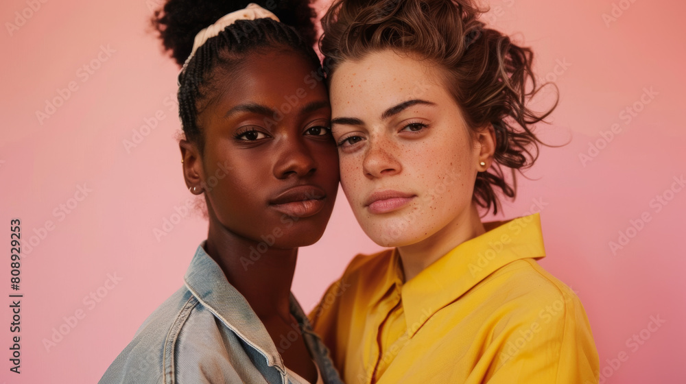 portrait of young multicultural lgbtq couple in casual clothes looking at camera on pink background Stock Photo photography portrait of young multicultural lgbtq couple in casual clothes looking at camera on pink background Stock Photo photography