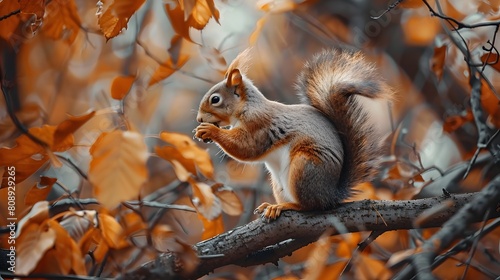 Squirrel on a tree branch eating nuts in an autumn forest, photo realistic in the style of national geographic photography. © Pervaiz