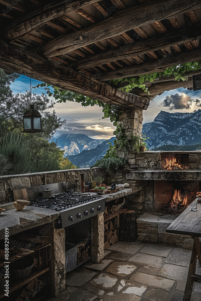 Fototapeta premium An evening view of a cozy outdoor seating area with a fire pit, surrounded by nature and a rustic building