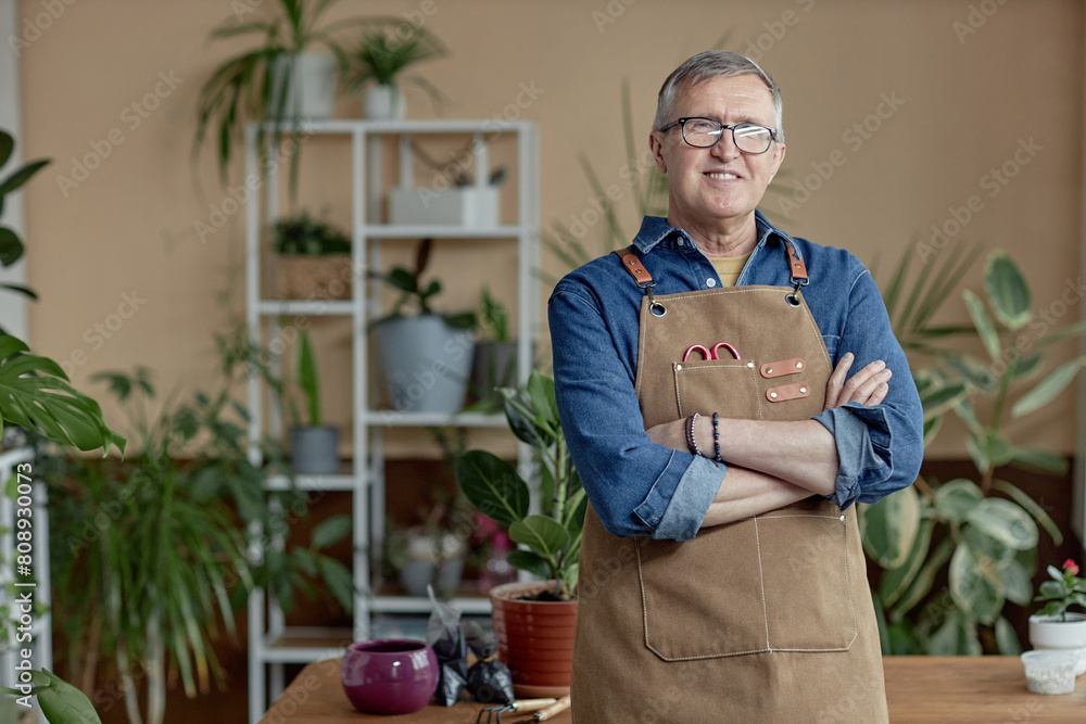 Waist up portrait of smiling senior man wearing apron posing with green plants at home and enjoying gardening, copy space Waist up portrait of smiling senior man wearing apron posing with green plants at home and enjoying gardening, copy space