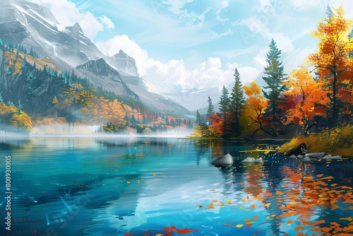 enchanting fairytale landscape with serene lake and crystal clear water in autumn digital painting