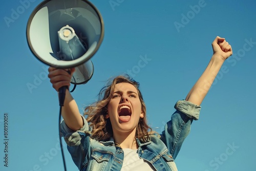 energetic woman with megaphone making loud announcement communication concept photo