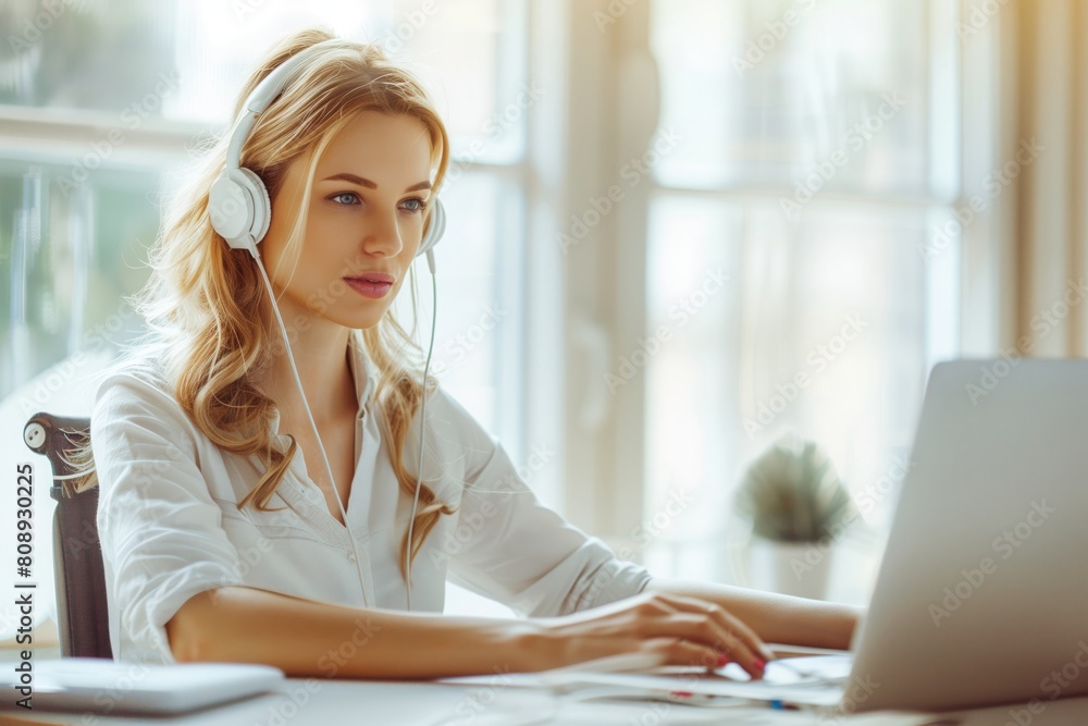 Close-up portrait of a customer service agent or online English teacher sitting at office Close-up portrait of a customer service agent or online English teacher sitting at office