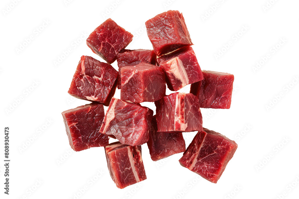 Pieces of raw beef cubes Isolated on transparent background Pieces of raw beef cubes Isolated on transparent background