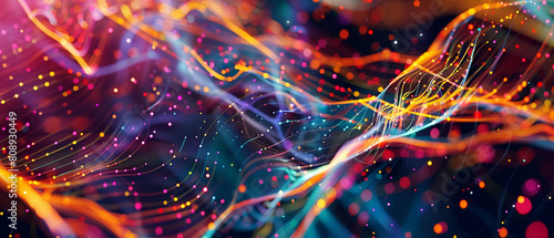 Abstract colorful strands forming a dynamic and intricate web of digital communication points.