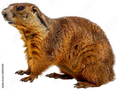 Detailed close-up of a marmot in natural pose cut out on transparent background