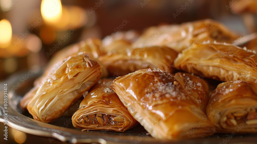 Close-up of delicious algerian baklava pastries on a silver tray, showcasing the intricate layers and sweet syrup glaze