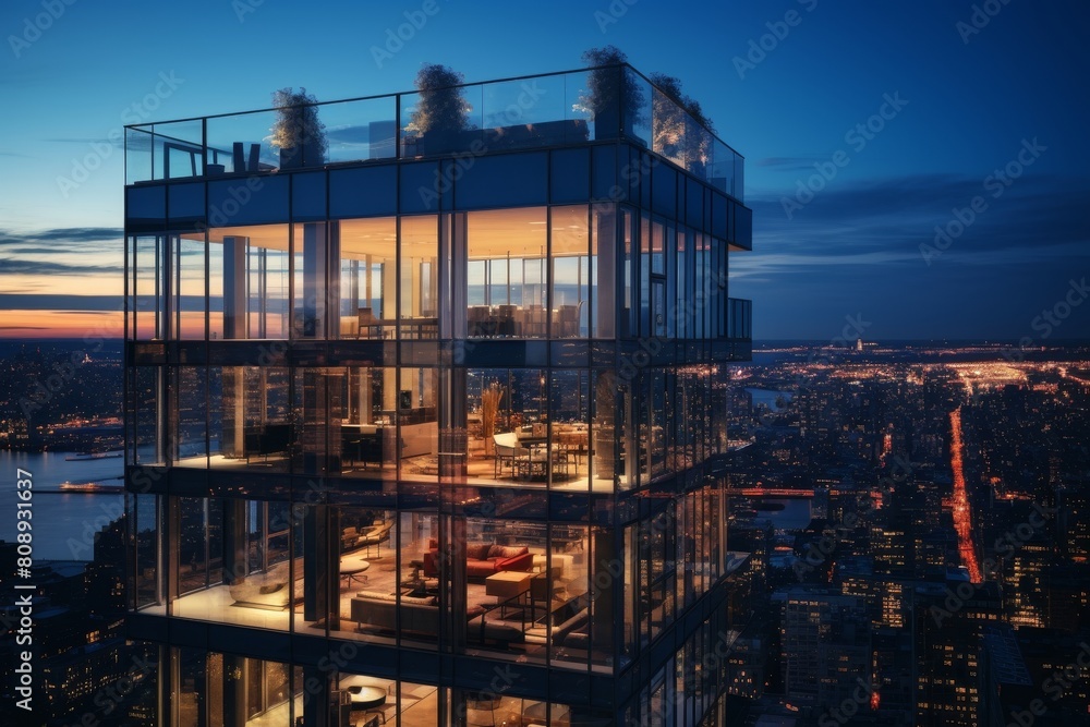 An Opulent High-Rise Penthouse with Panoramic City Views Under the Soft Hues of a Setting Sun An Opulent High-Rise Penthouse with Panoramic City Views Under the Soft Hues of a Setting Sun