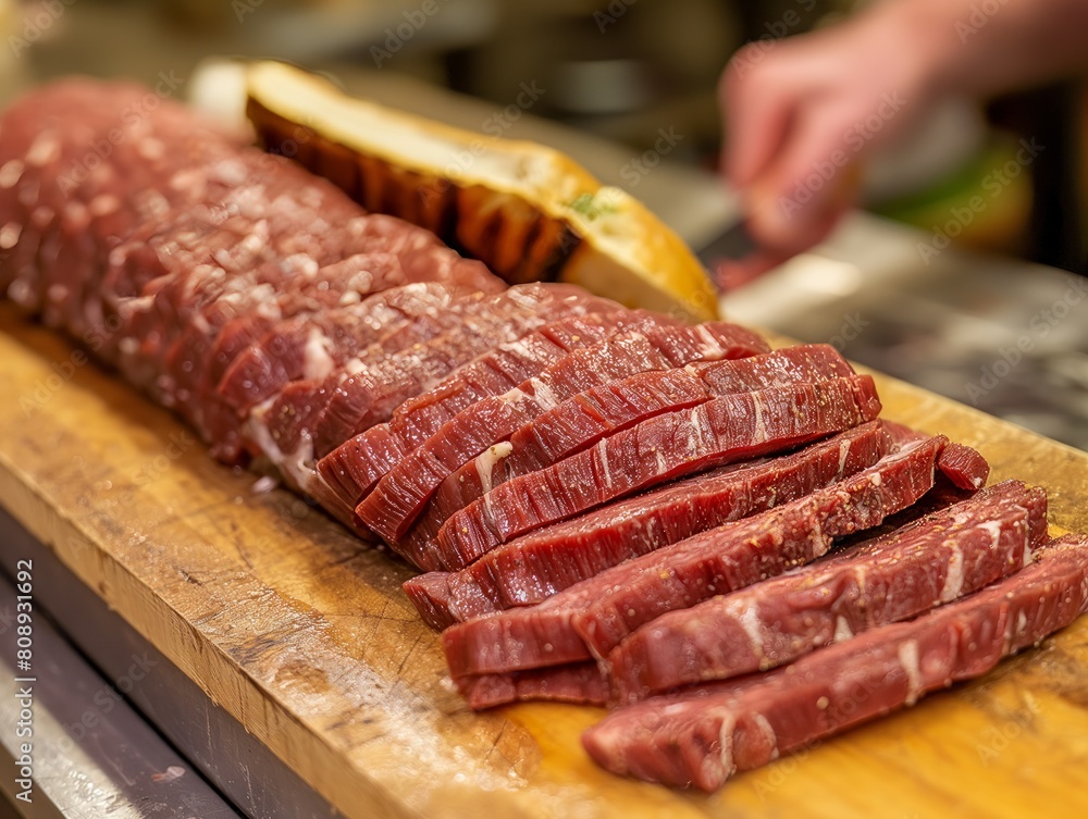 A slab of meat is sliced into thin pieces on a wooden cutting board. The meat is marinated and ready to be cooked