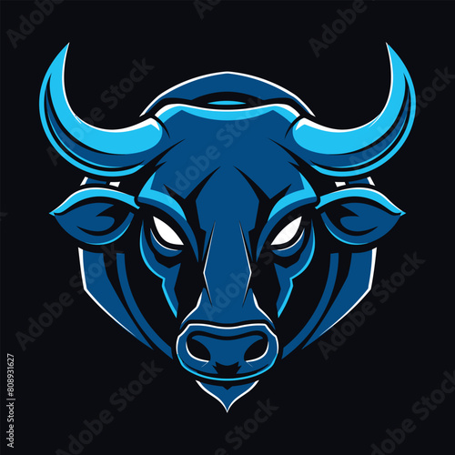 Angry horned head silhouette of a buffalo with blue color